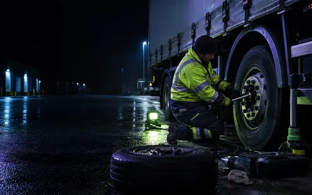 Fitter assessing an HGV wheel with a removed tyre nearby