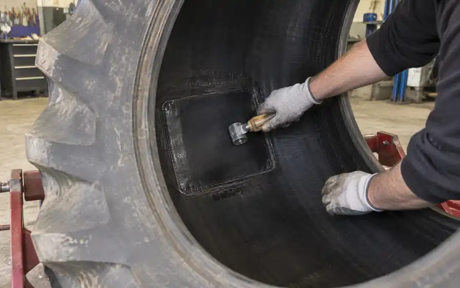 A reinforced repair patch being rolled onto the inner liner of a demounted agricultural tyre.
