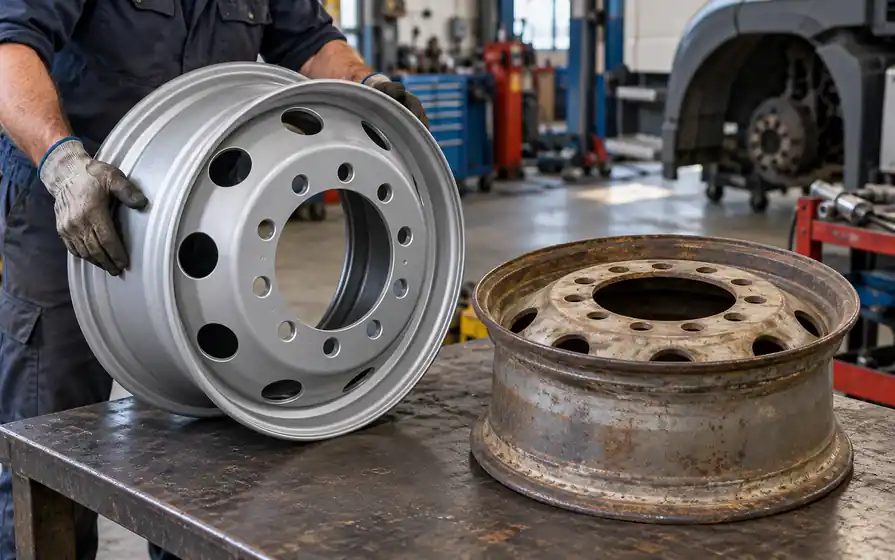 Technician positions a new silver steel commercial rim beside a matching corroded rim on a workbench.