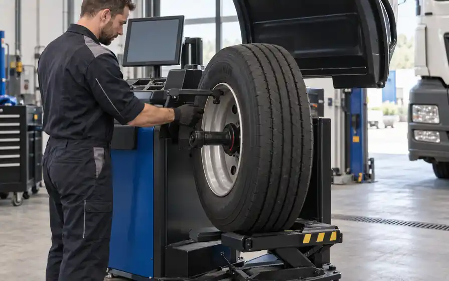 Technician positions a commercial balancer measuring arm against the inner rim of a stationary truck wheel.