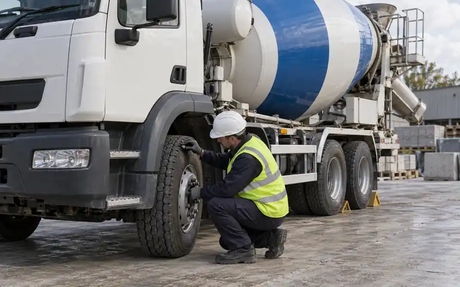 Technician checking the front tyre of a concrete mixer truck.