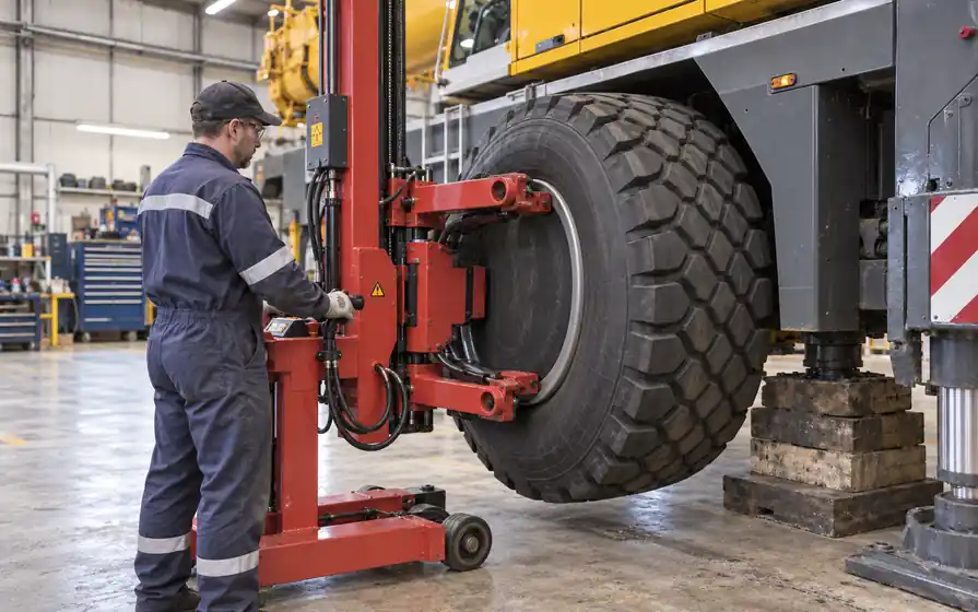 Technician controls a hydraulic wheel handler positioning a large off-road wheel against a supported mobile crane axle.