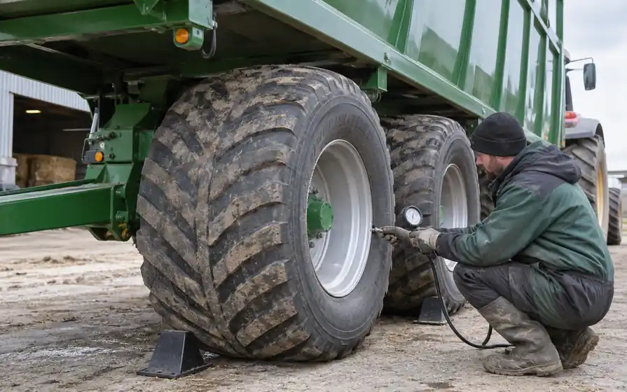 Technician checking the pressure of a broad tyre on a chocked agricultural grain trailer.