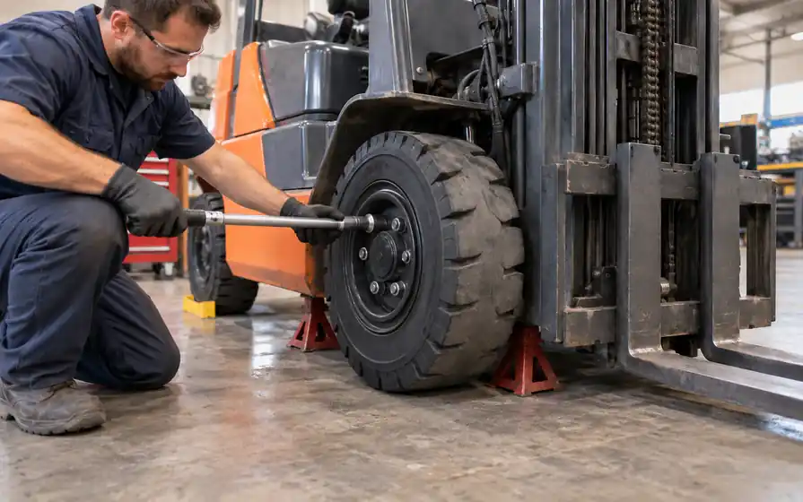 Mechanic tightening an upper peripheral wheel nut on a solid forklift tyre, with the forklift supported in a workshop.