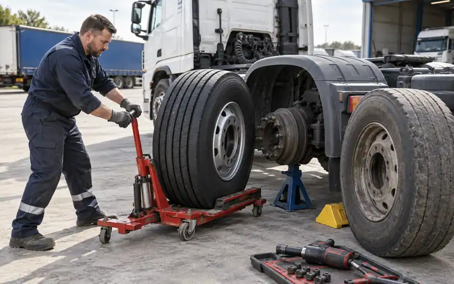 Mechanic guiding a new HGV wheel on a hydraulic trolley toward the rear hub, beside a worn removed wheel.