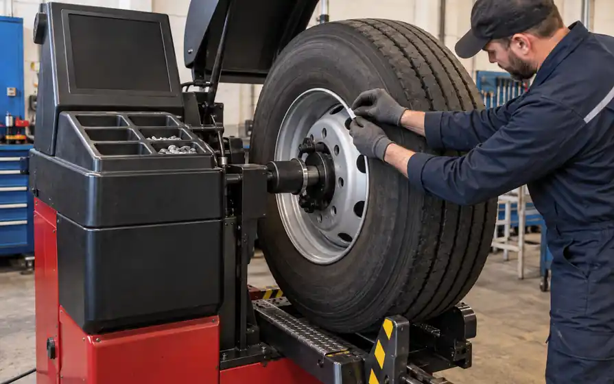 Technician applies a small balancing weight to the steel rim flange of an HGV wheel mounted on a balancing machine.