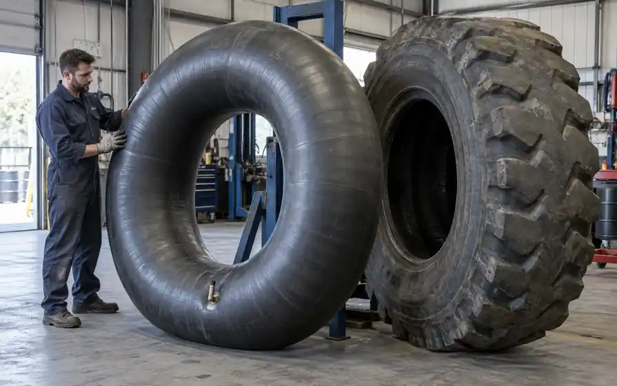 Large OTR inner tube beside a demounted deep-tread loader tyre in a workshop.