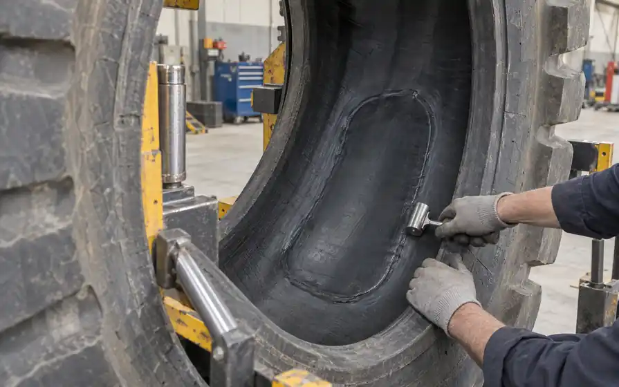 Technician stitching a large reinforced section repair patch inside a demounted OTR tyre.
