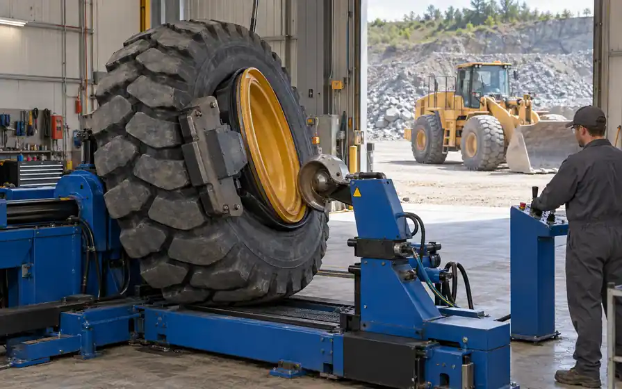 Operator using a heavy hydraulic tyre changer to fit a large OTR tyre on a steel rim in a quarry workshop.
