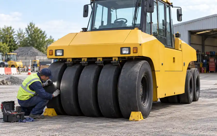 Technician checking a smooth rubber tyre on the front bank of a pneumatic road roller.