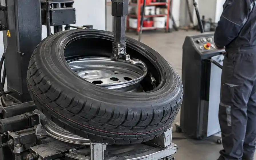 Pneumatic tyre being mounted onto a steel rim on a heavy-duty tyre changer.