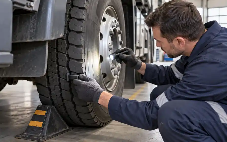 Technician holds a tread depth gauge with its base against truck tyre tread while inspecting with a flashlight.