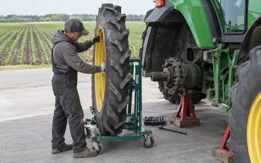 Fitter positioning a very narrow row-crop tractor wheel beside a securely supported rear axle.