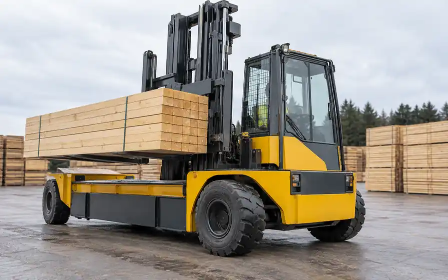 Yellow side-loading forklift carrying timber beside its cab, with black industrial tyres in a timber yard.