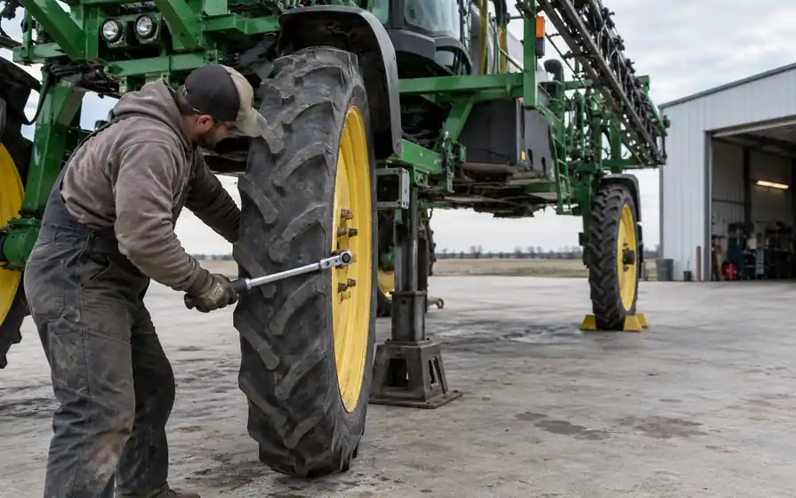 Mechanic tightening a narrow sprayer wheel with a torque wrench beneath a supported high-clearance chassis.