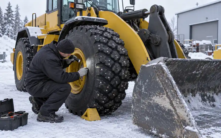 Technician checking a wheel loader tyre fitted with small metal traction studs in a snowy yard.