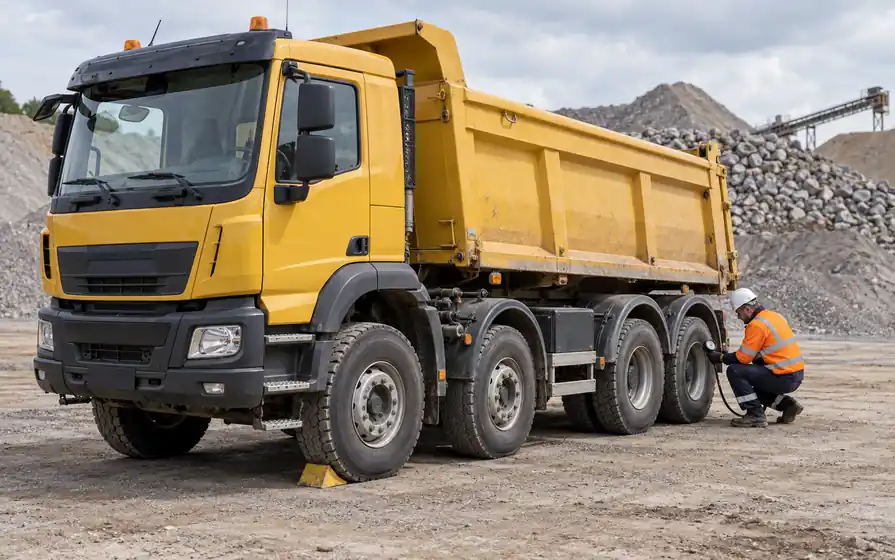 Technician checking a rear tyre on a yellow tipper truck at an aggregate yard.