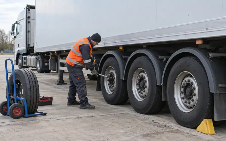 Technician fitting a tyre on the rear axle group of a box semitrailer.