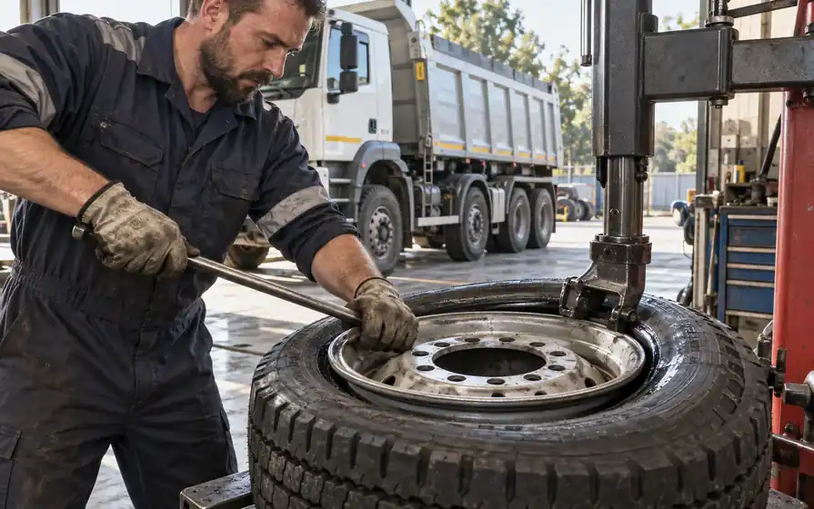 Mechanic using tyre mounting equipment to fit a truck tyre onto a steel rim, with a tipper truck behind.