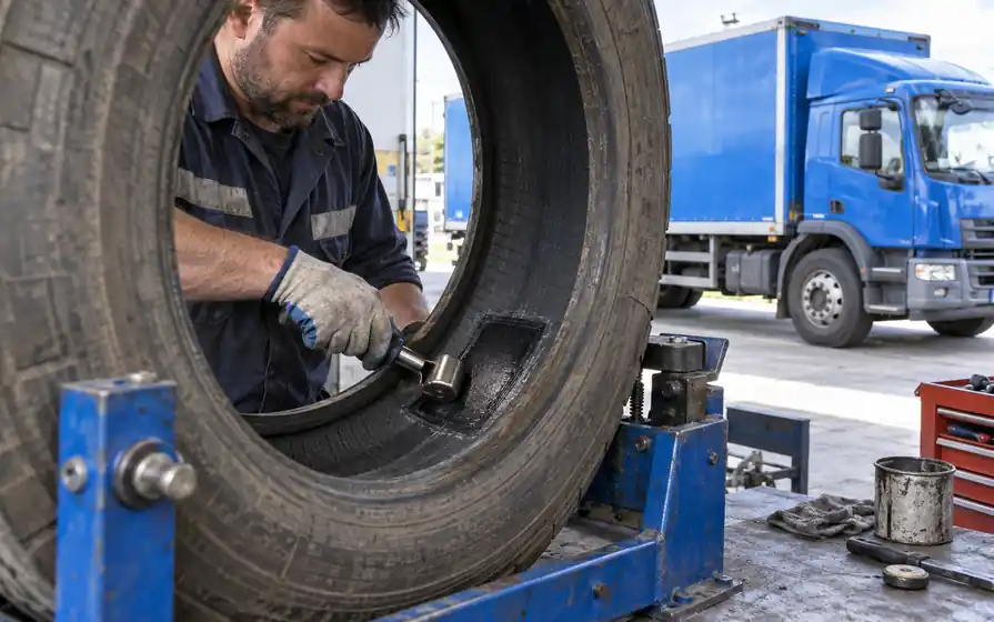 Technician rolling an internal repair patch inside a demounted truck tyre, with a blue box truck behind.