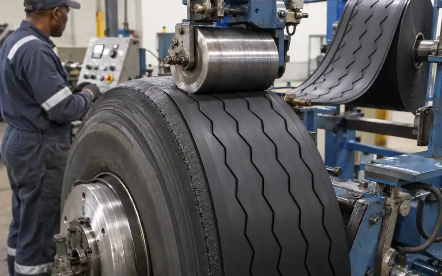 Wide new tread band being pressed onto a truck tyre casing by a retreading machine roller.