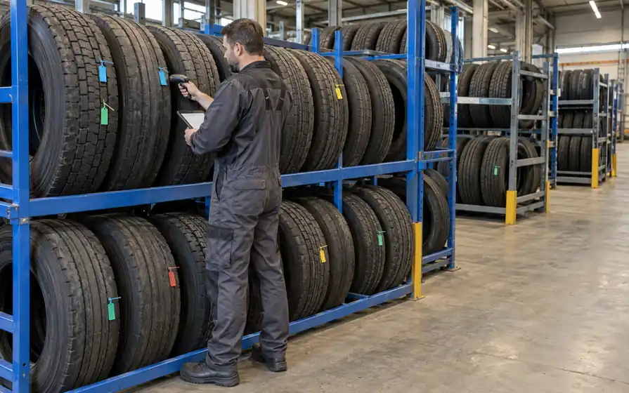 Worker checking tyre casing inventory among orderly racks of demounted commercial tyres.