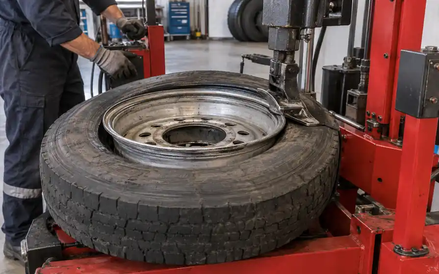 Technician controls a hydraulic tyre machine with a demounting tool positioned at a deflated truck tyre bead.