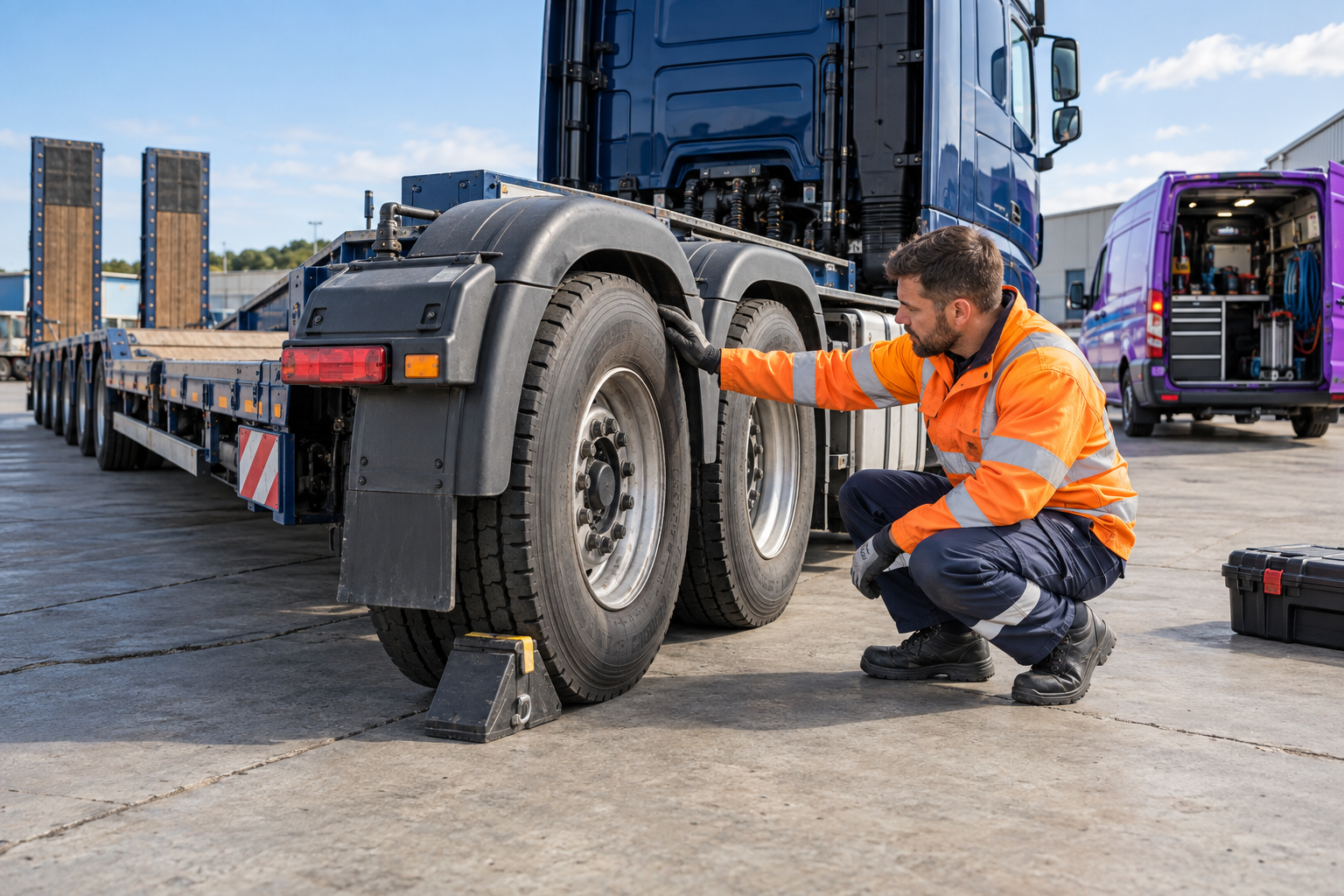 Tyre fitter inspecting a dark blue heavy haul tractor unit beside a violet service van
